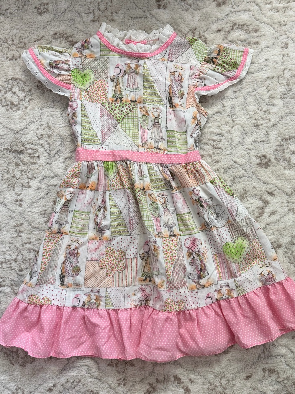 Vintage Girls Patchwork Prairie Dress Cottagecore Pink Ruffle Polka Dot Lace
